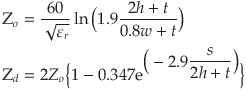 Zd = 120/sqrt(er)*log(1.9 * (2*h + t) / (0.8*w + t))*(1 - 0.347*exp(-2.9*s>/(2*h + t)))